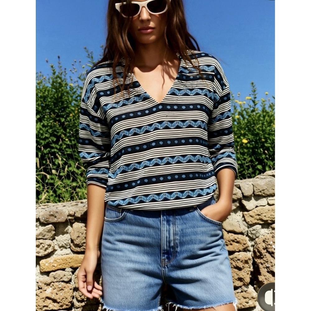 Lucky Brand‎ Womens XS Blue Tribal Geometric Striped V-Neck Back Tie Top 7W61418